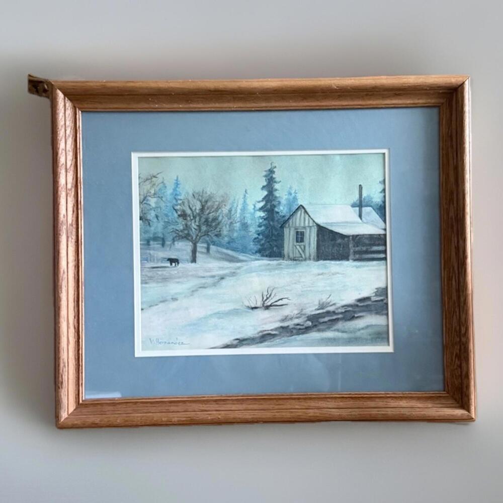 Original Pastel Drawing Winter Farm Scene Wooden Framed 23" By V. Hernandez
